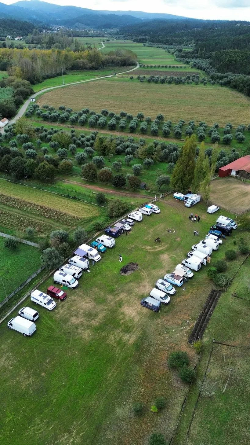 Vista aérea das campervans alinhadas no recinto